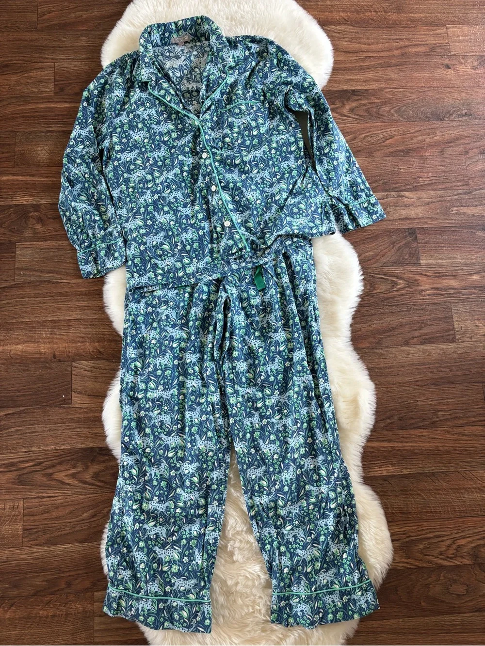 J.Crew Fauna Floral Blue Spotted Leopard Cotton Poplin Pajama Set Medium
